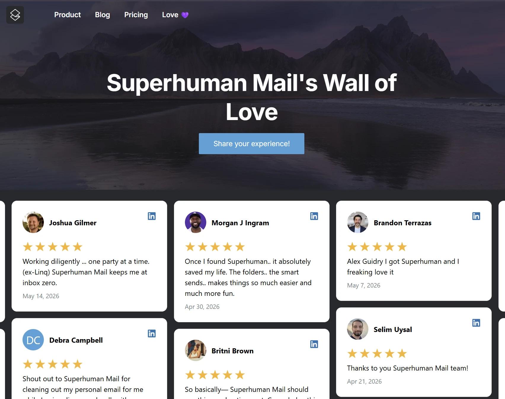 Superhuman Wall of Love mixing customer tweets and testimonials