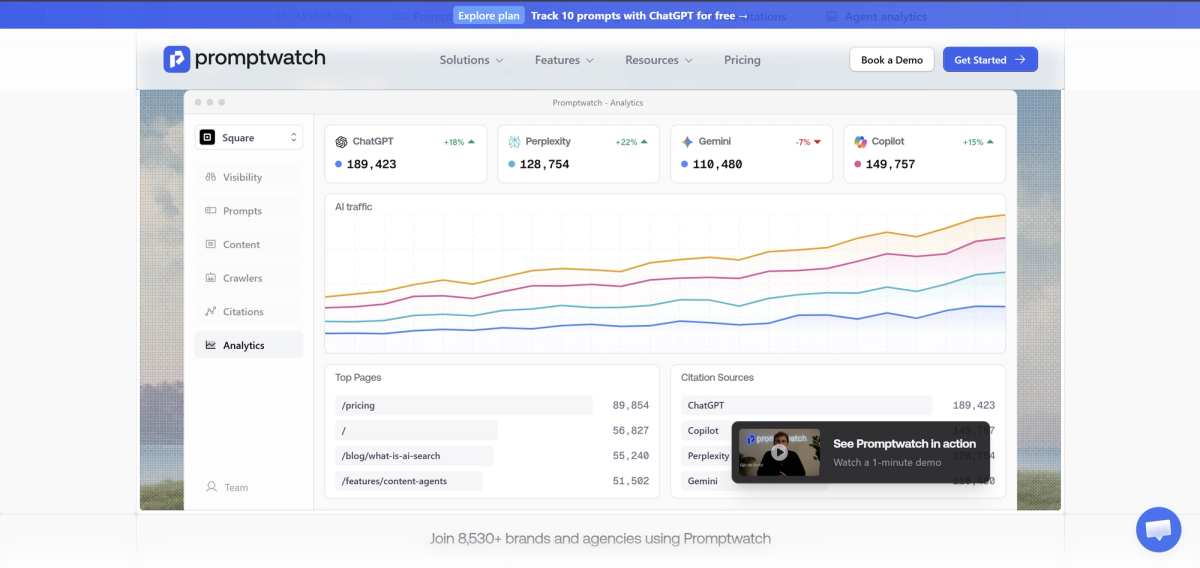 Promptwatch homepage with product video built into the analytics UI