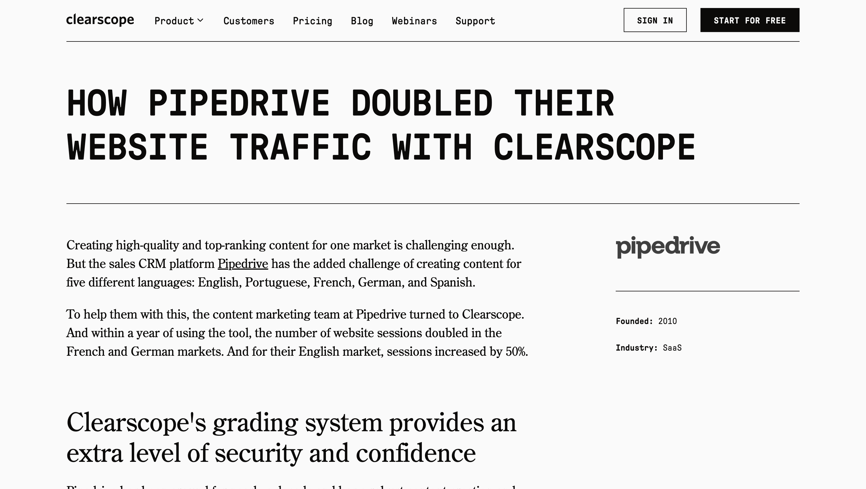 Clearscope Pipedrive case study with headings named around search tasks
