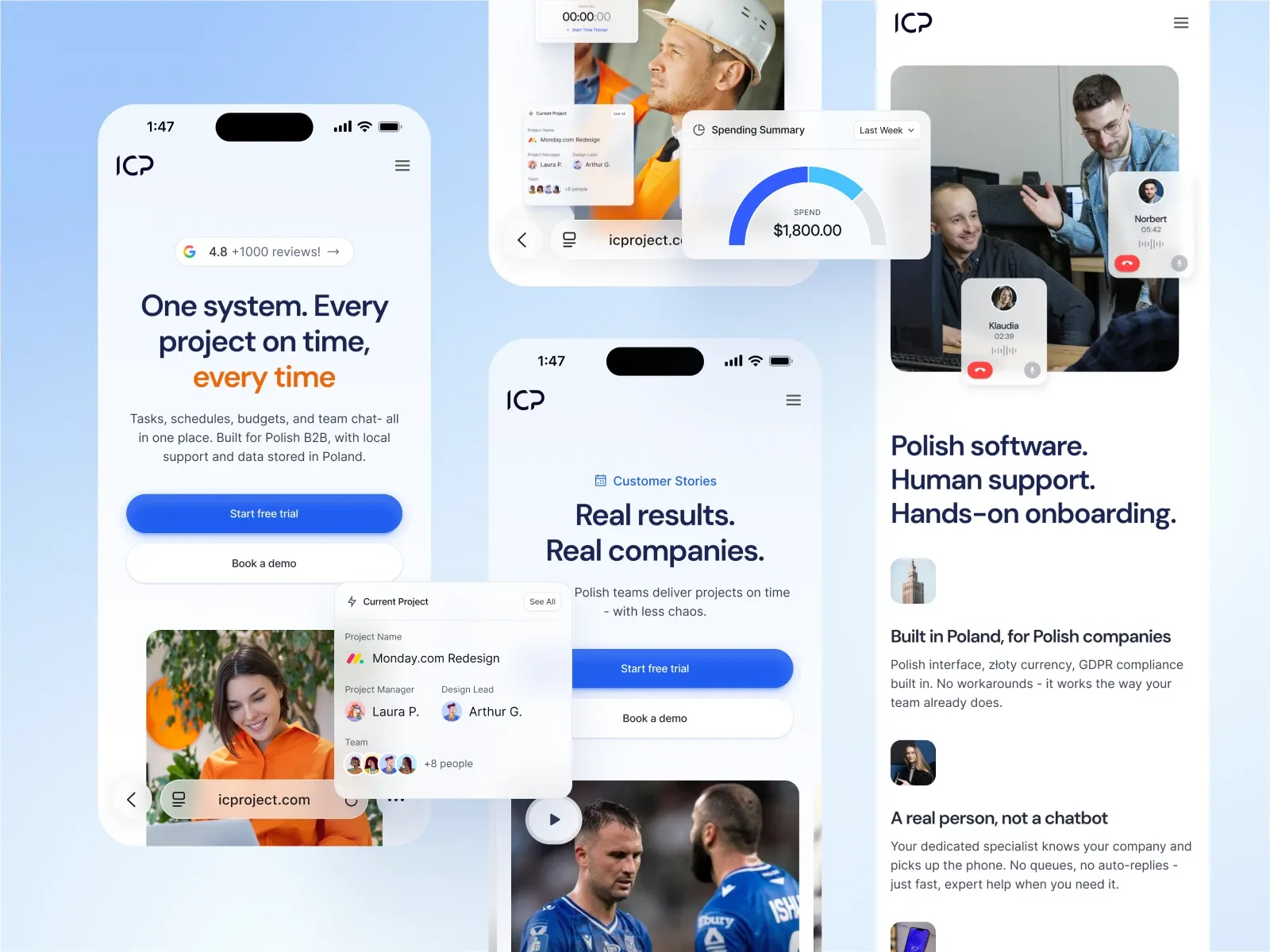 Multiple smartphone screens display the ICP project management app.