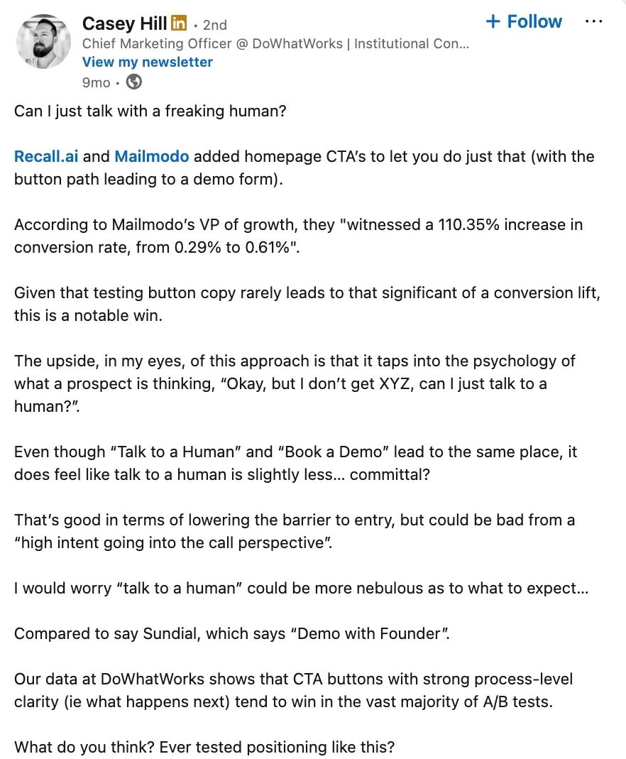Mailmodo CTA changed from Book a demo to Talk to a Human