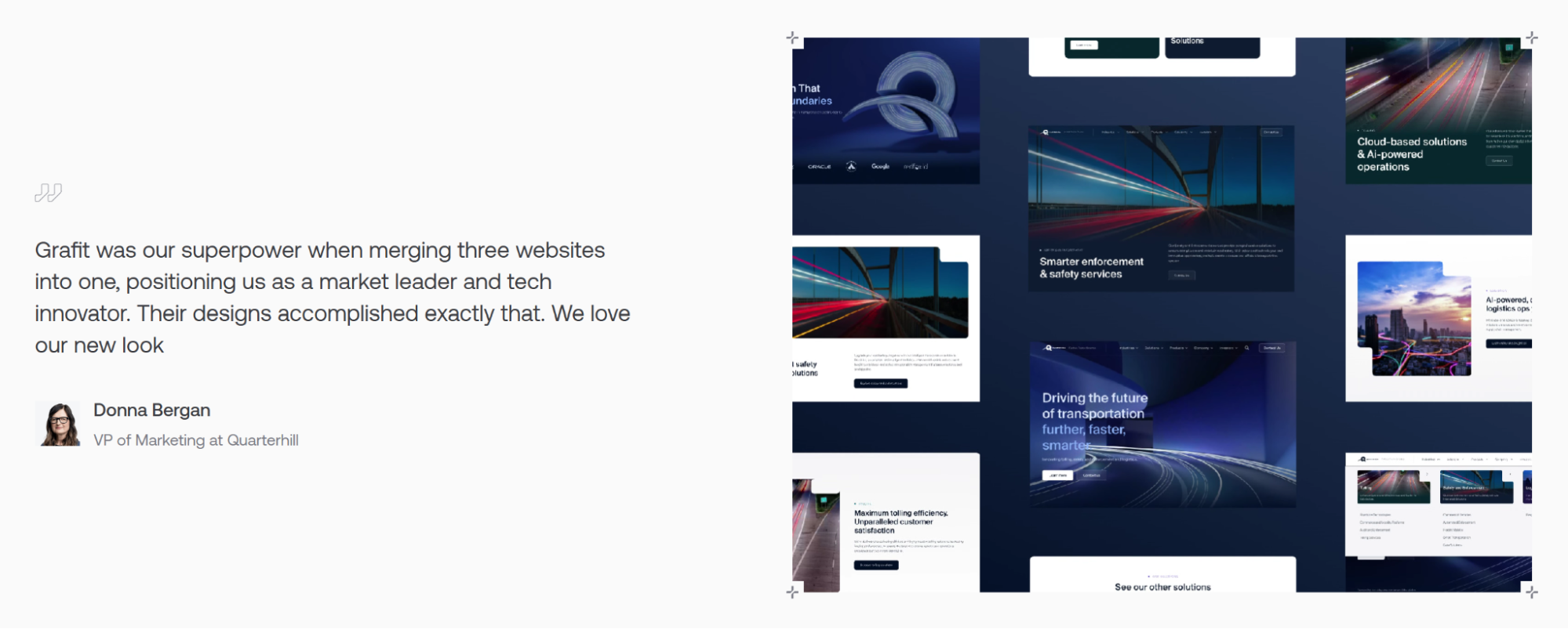 Multiple web page designs in dark blue and white, with a testimonial from Donna Bergan.