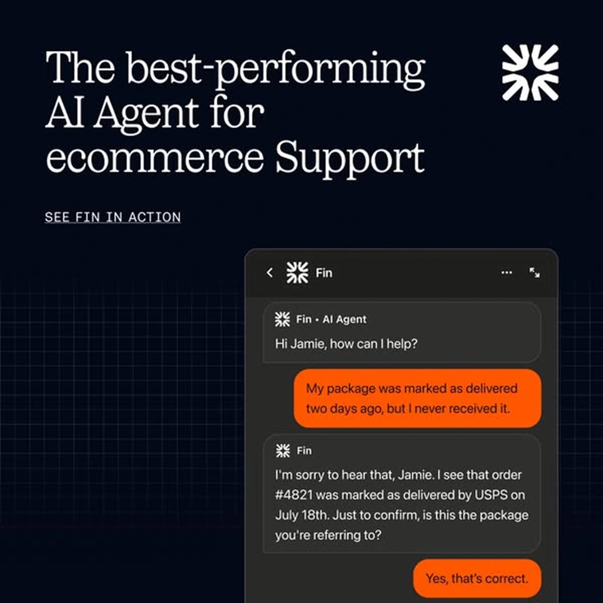 Intercom Fin ad: product UI as hero showing live customer support chat