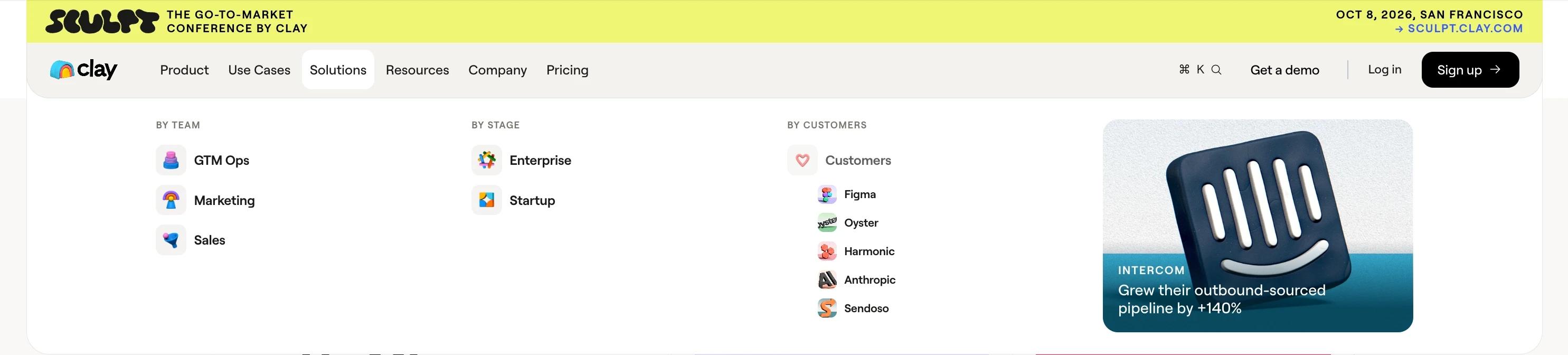 Clay Solutions dropdown organised by buyer team type and company stage