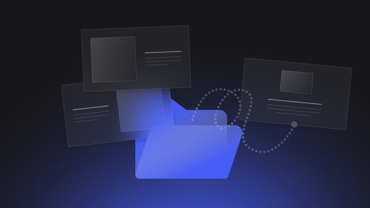 Blue folder with documents, one connected by a dotted line, indicating file transfer.