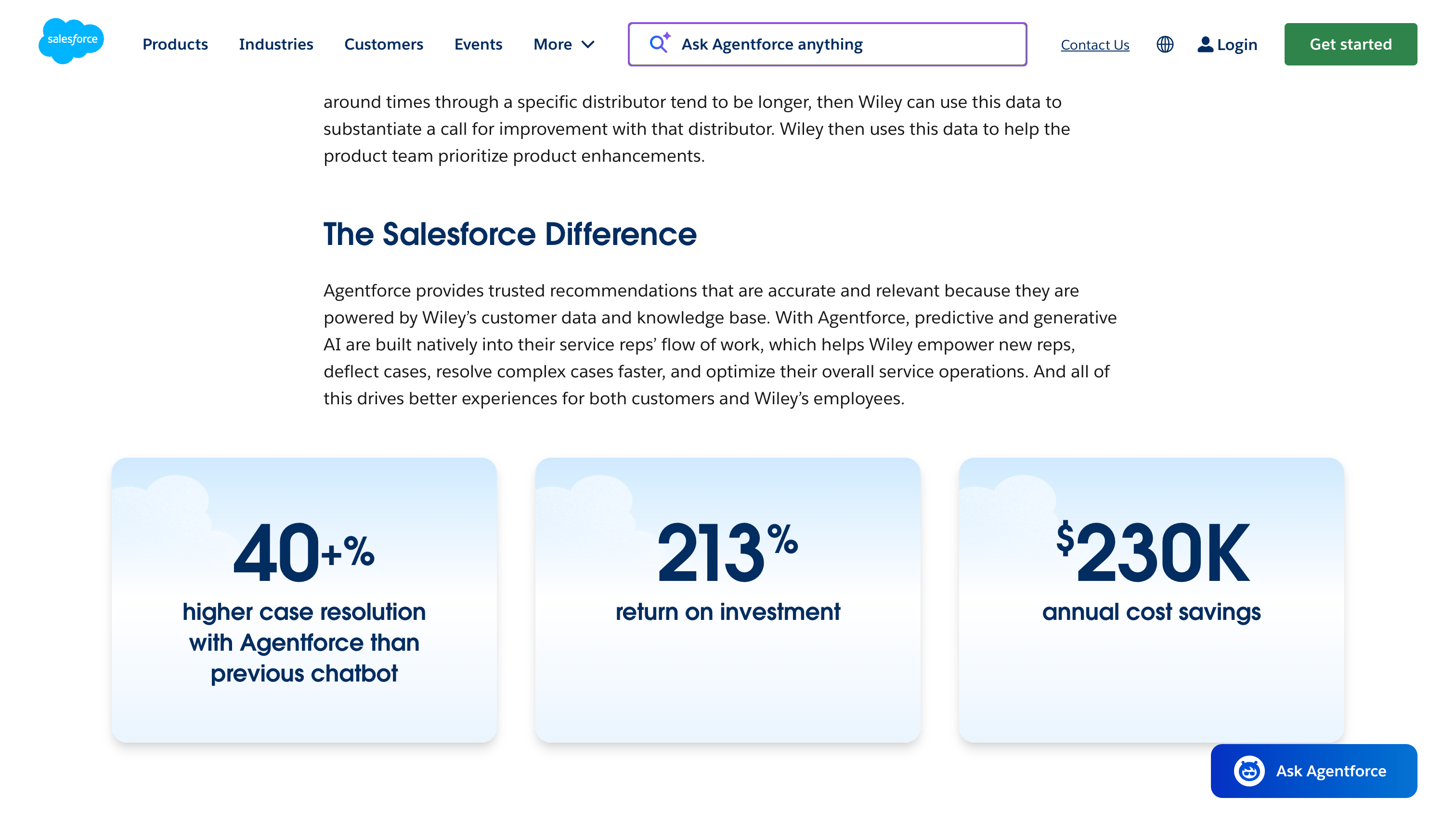 Salesforce Wiley case study results shown in three oversized metric cards