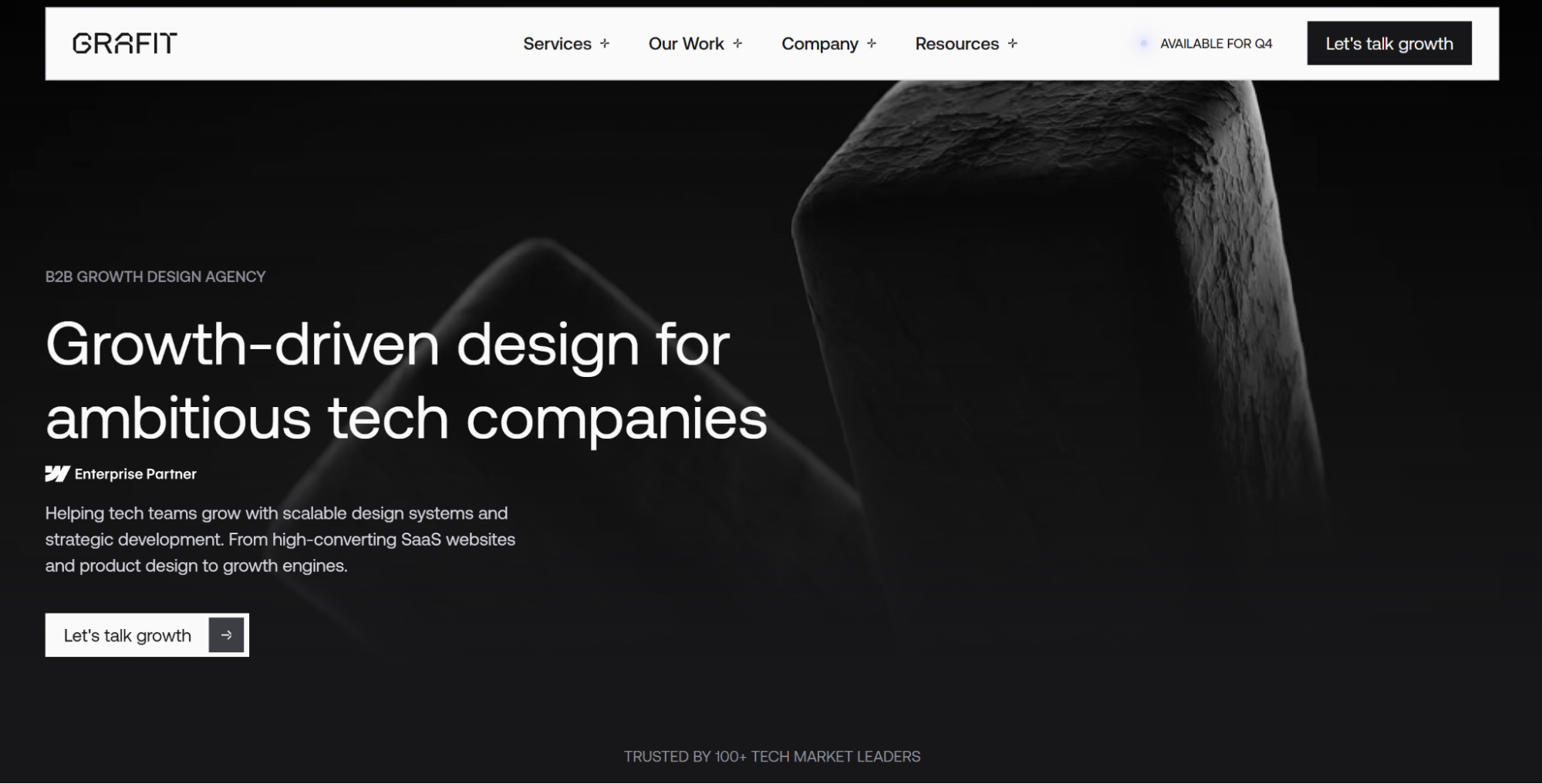 Graf.it website homepage with the headline "Growth-driven design for ambitious tech companies" over a dark, abstract background.