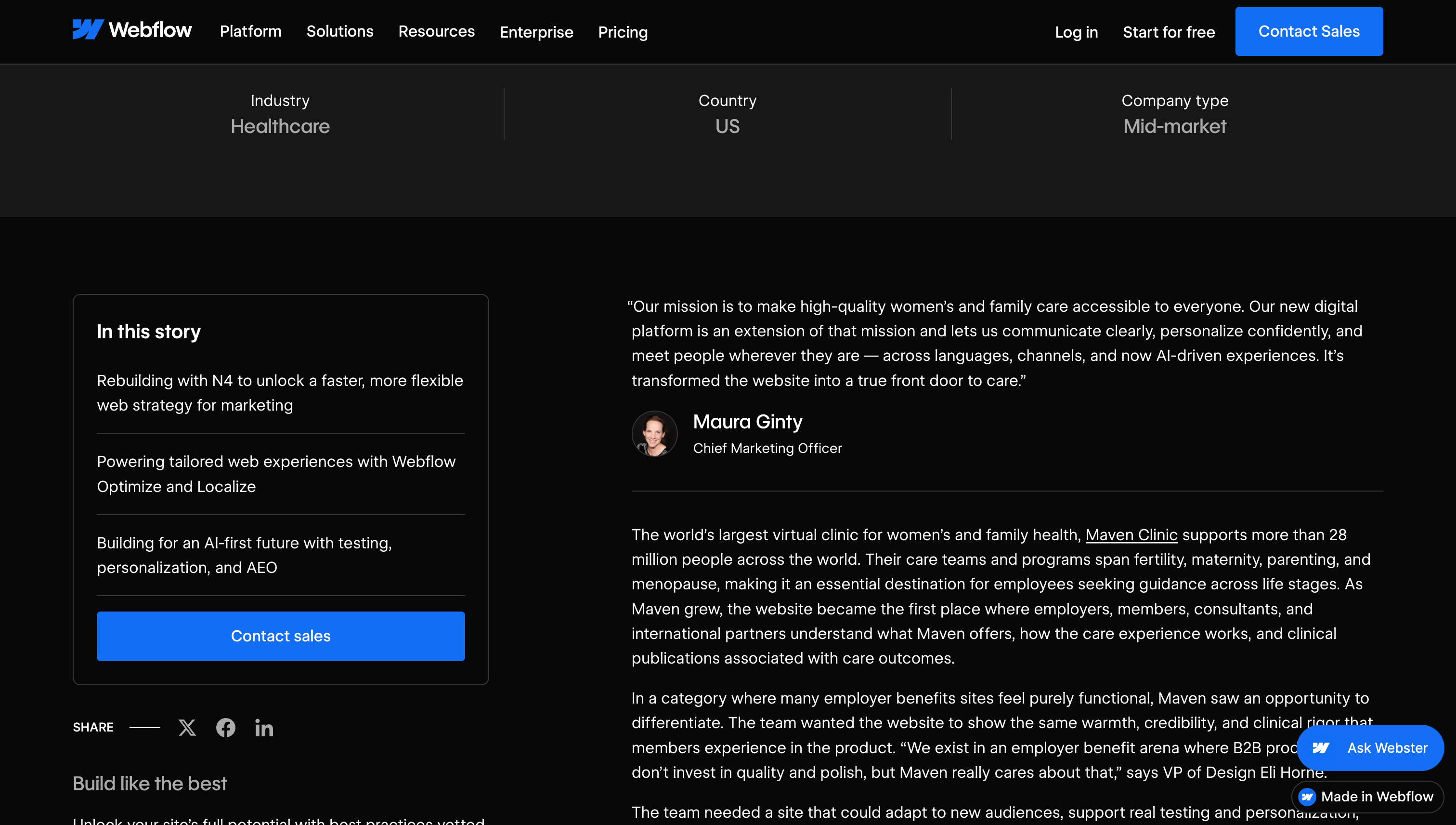Webflow Maven case study hero showing a large view of the rebuilt website