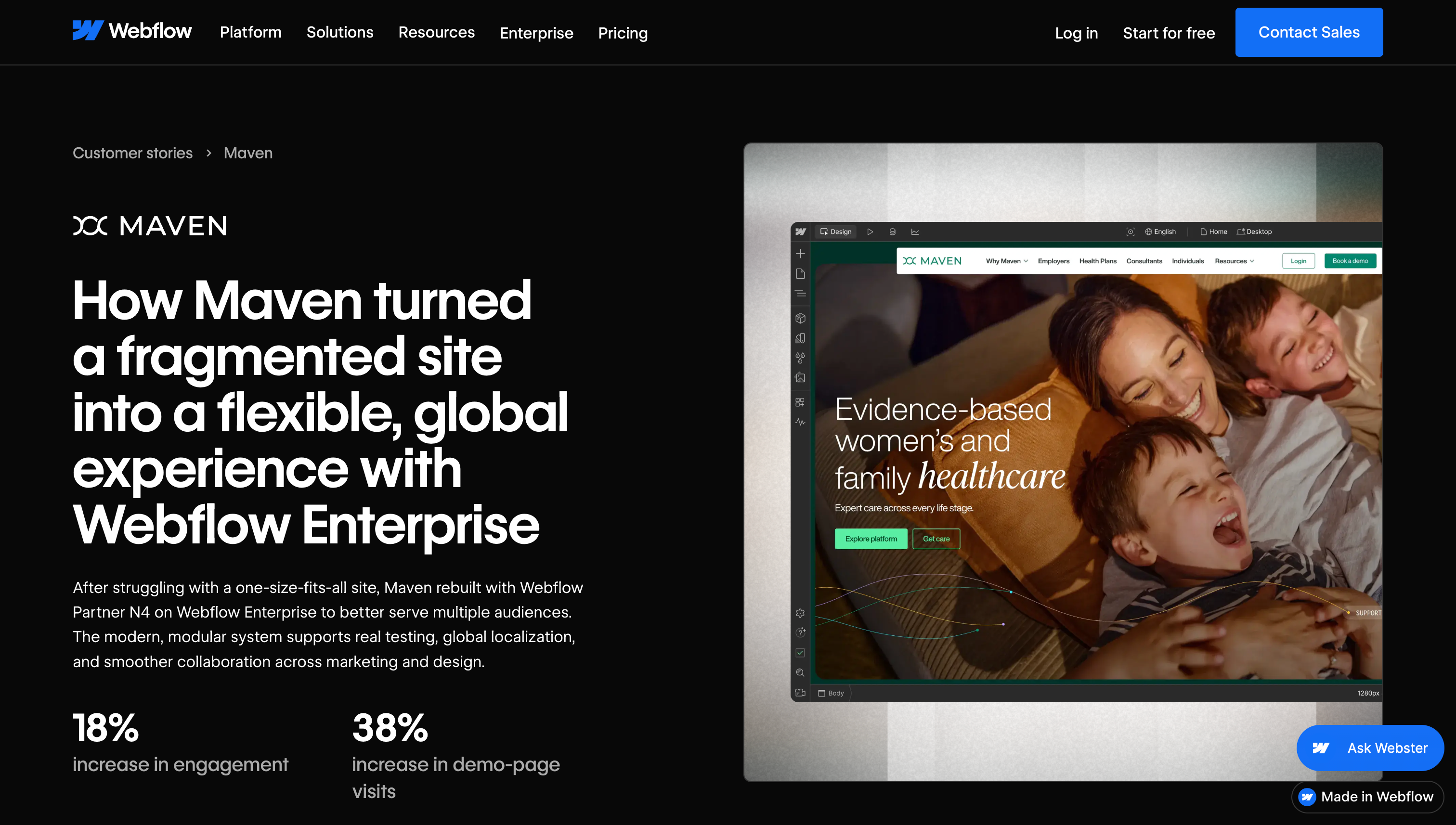 Webflow Maven case study with anchored in-this-story navigation and outcome-led headline