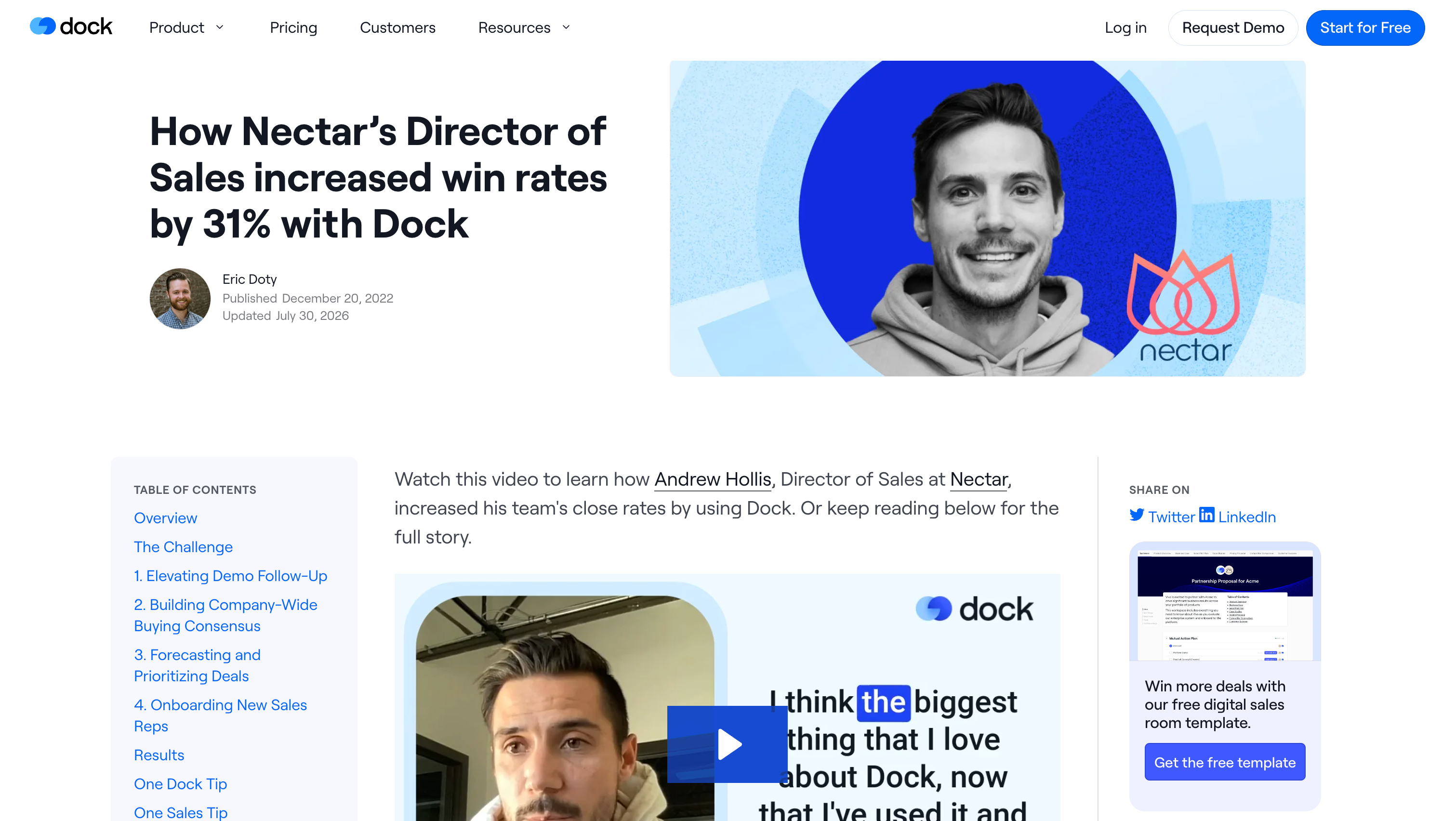 Dock Nectar case study with a table of contents split by sales workflow stage