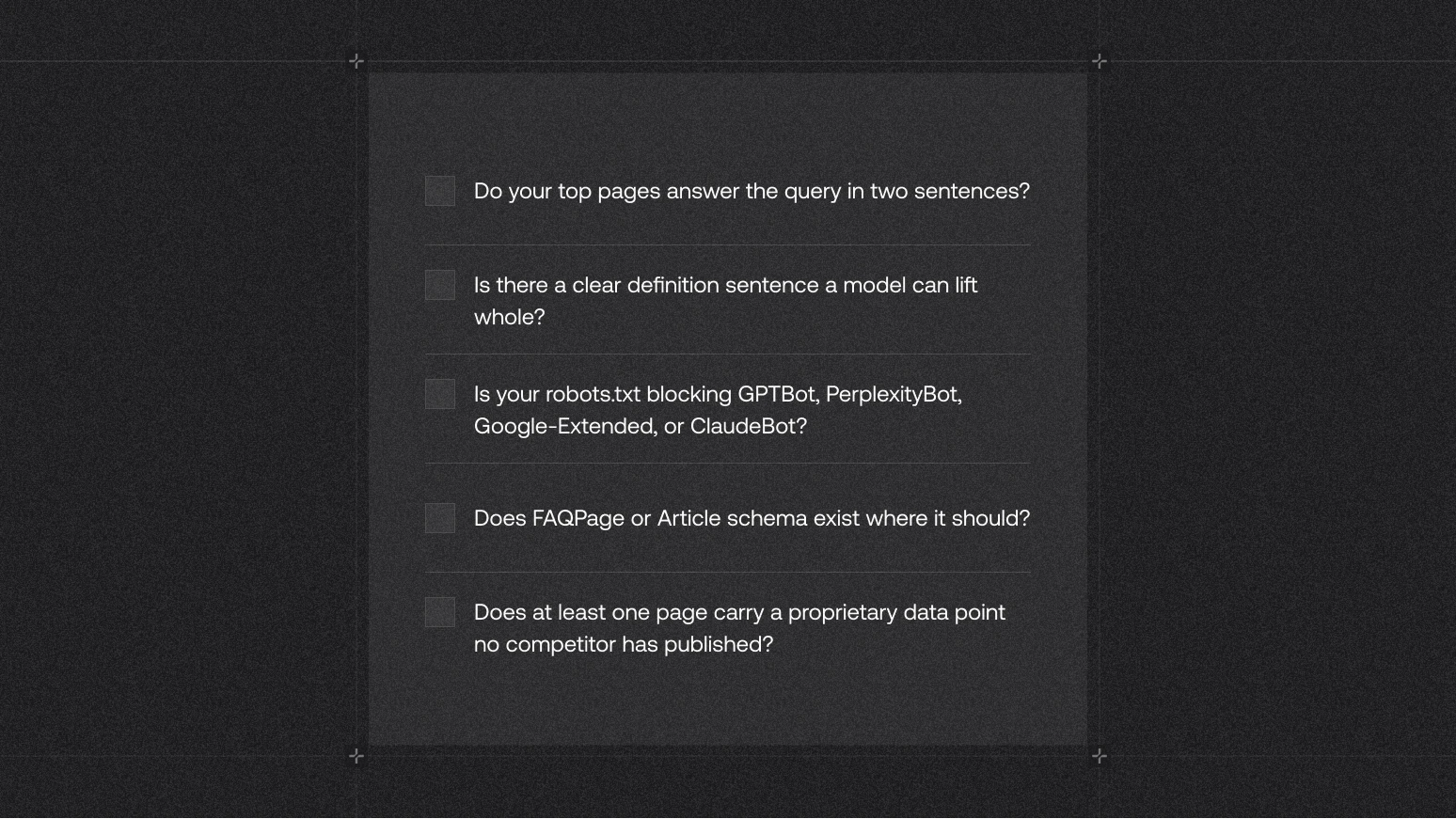 AEO pre-publish checklist covering structure, schema, freshness, and originality for B2B SaaS pages