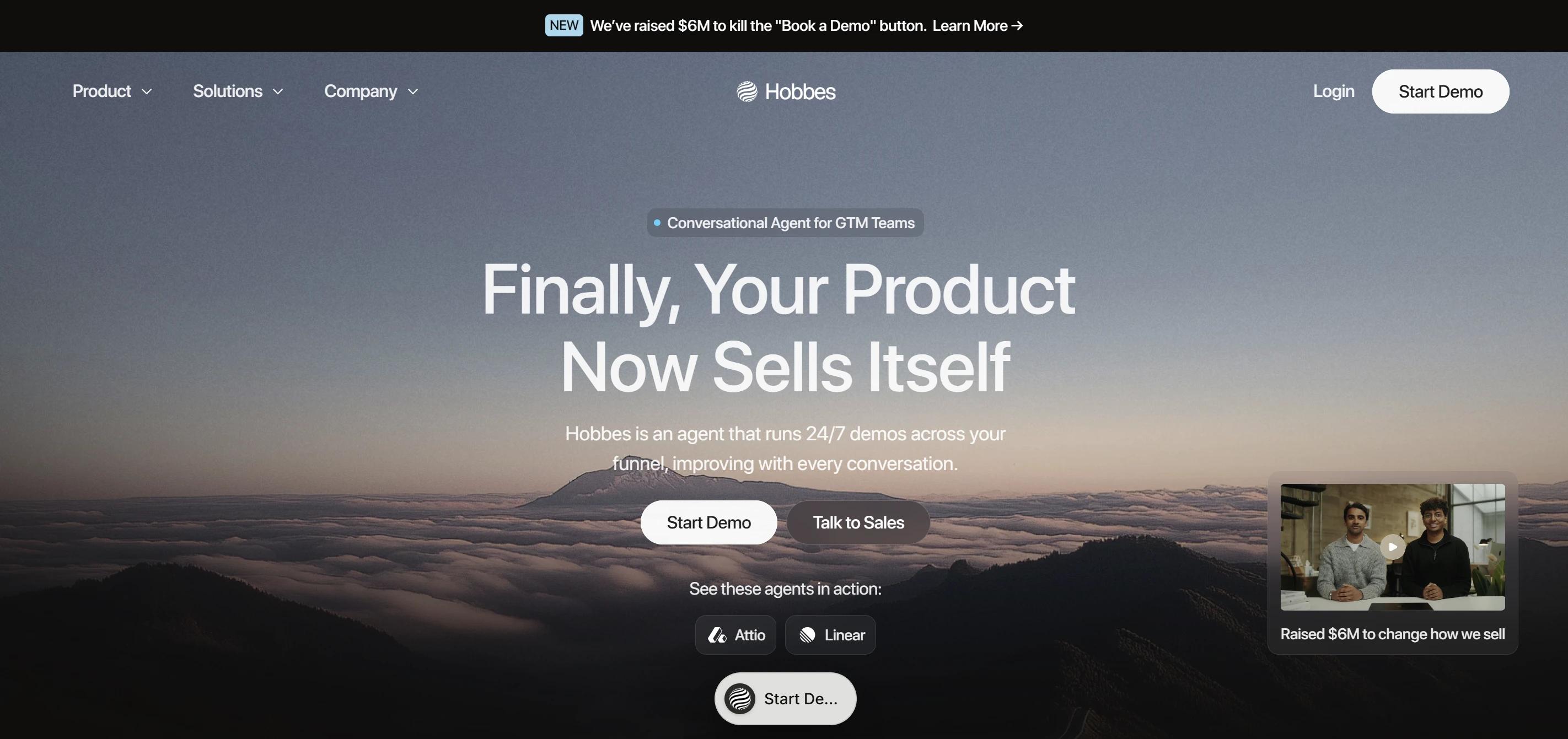 Hihobbes homepage with fundraising announcement video in a corner popup