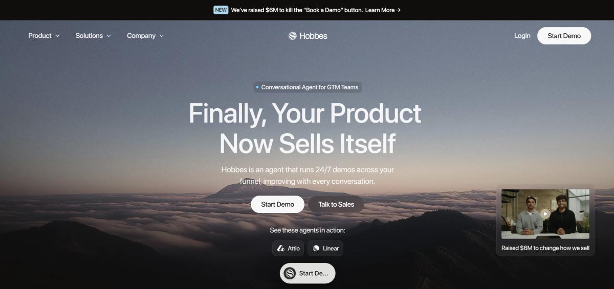 Hihobbes homepage with fundraising announcement video in a corner popup