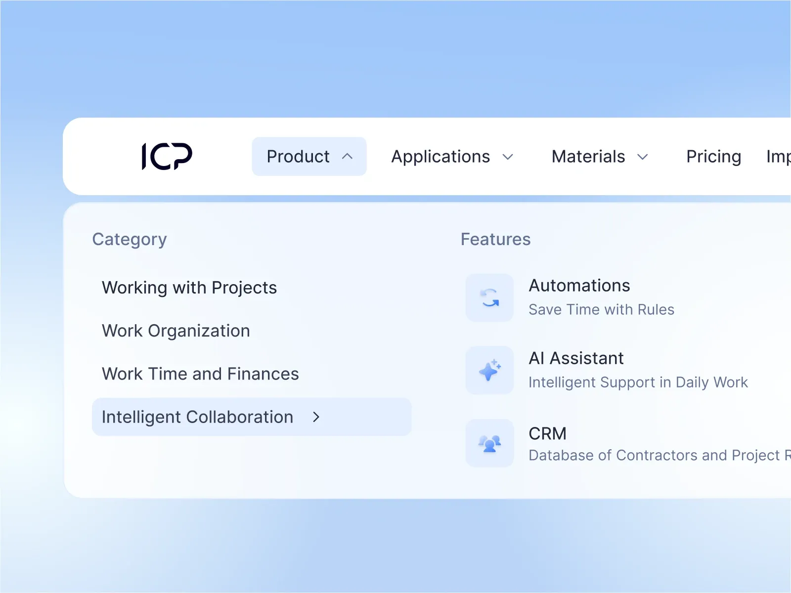 A website's 'Product' dropdown menu, showing categories like 'Intelligent Collaboration' and features including 'AI Assistant'.