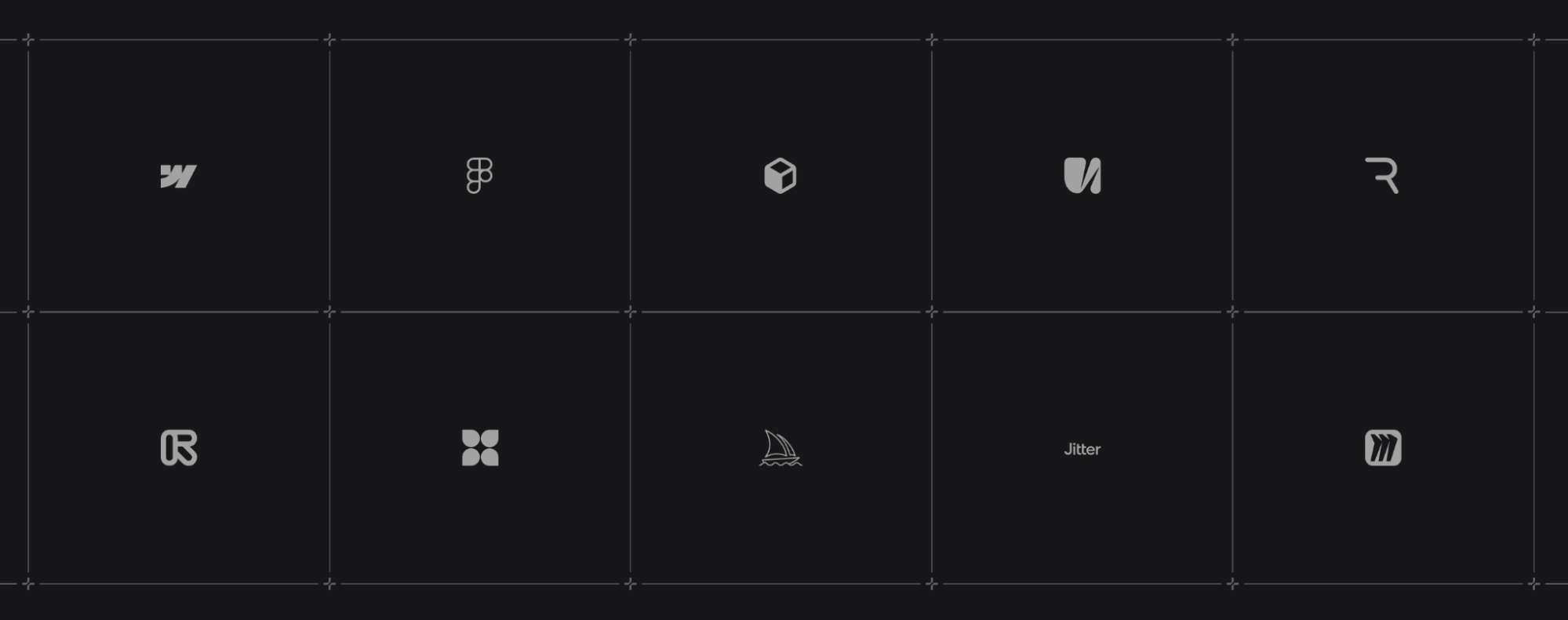 A grid of 10 minimalist white logos on a dark background.