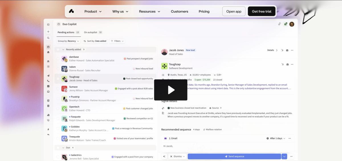 Amplemarket hero section with product video above the fold