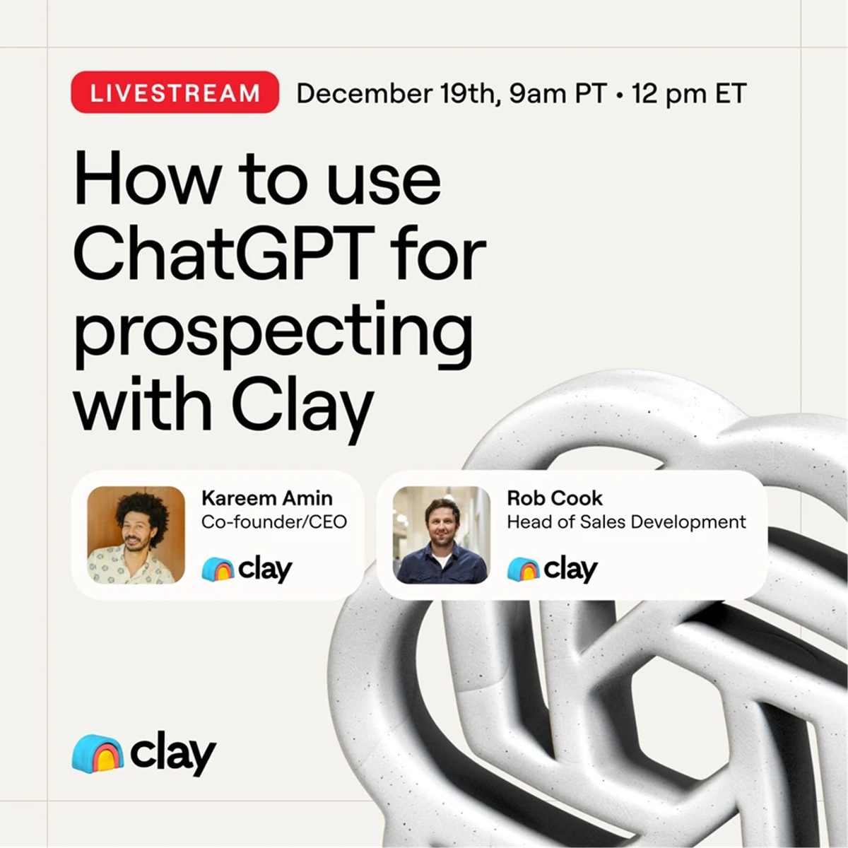 Clay event ad: ChatGPT prospecting livestream with speaker photos and date