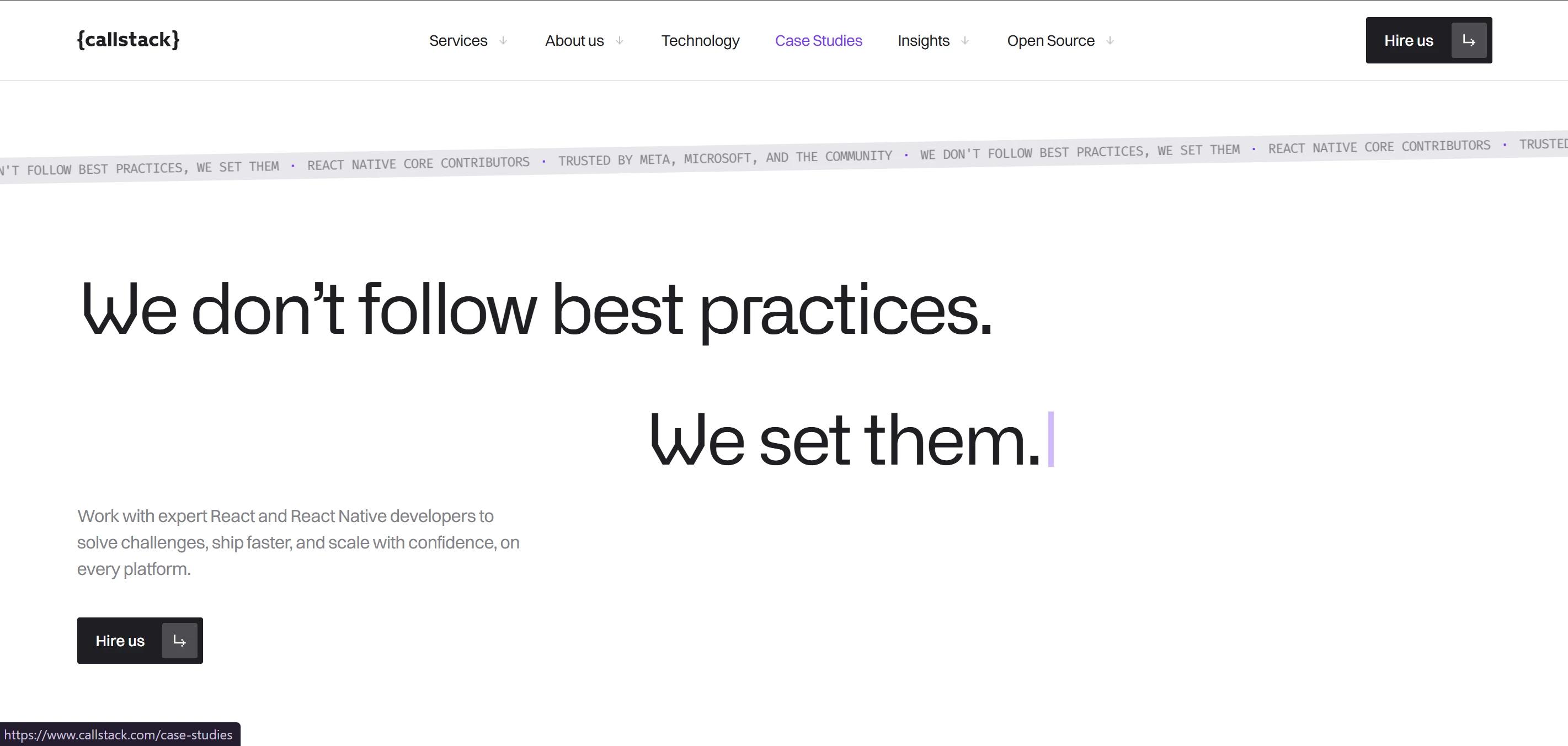 Callstack case study page with Hire us CTA at the bottom