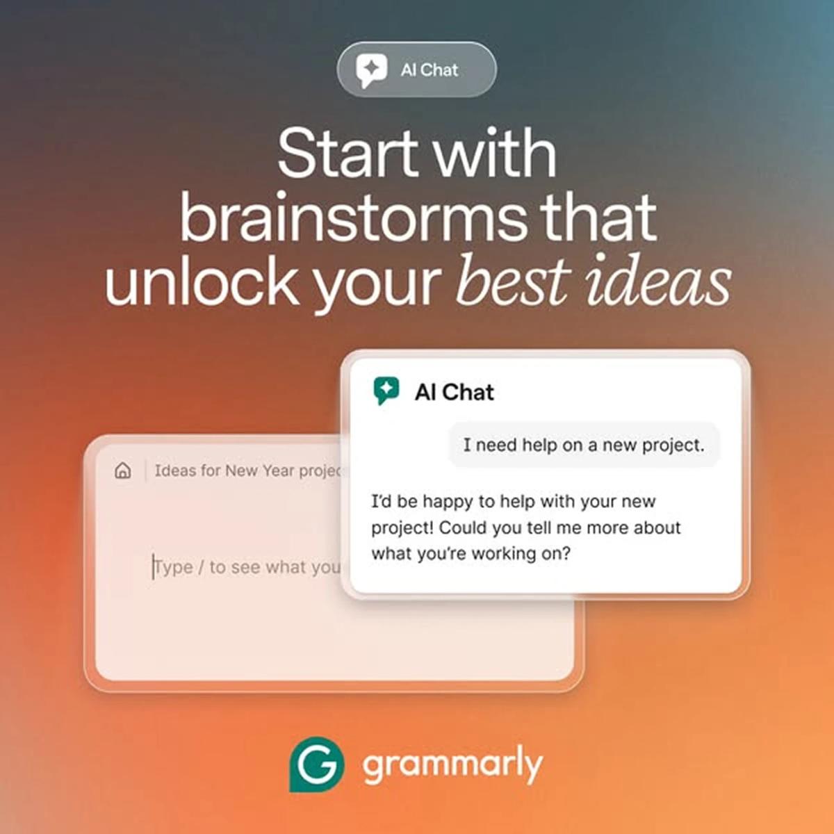 Grammarly ad: "Start with brainstorms that unlock your best ideas" with AI Chat UI