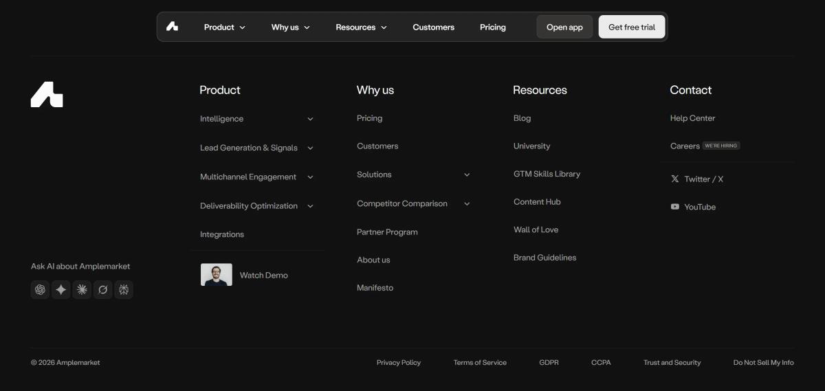 Amplemarket footer with second product video as the final conversion touchpoint