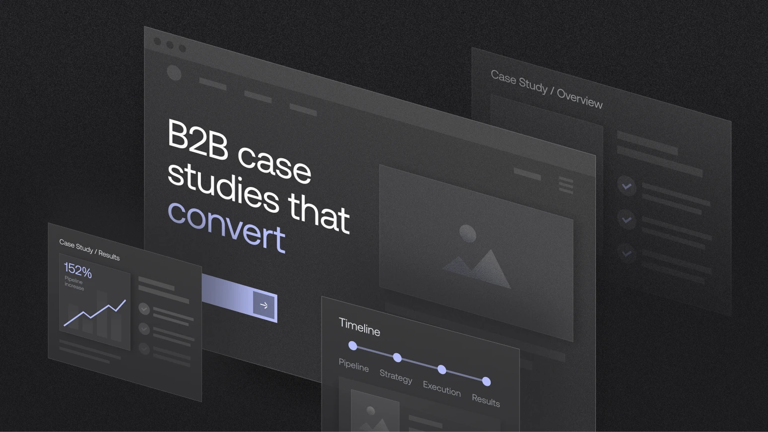 Dark, transparent screens displaying "B2B case studies that convert," with data graphs and a timeline.