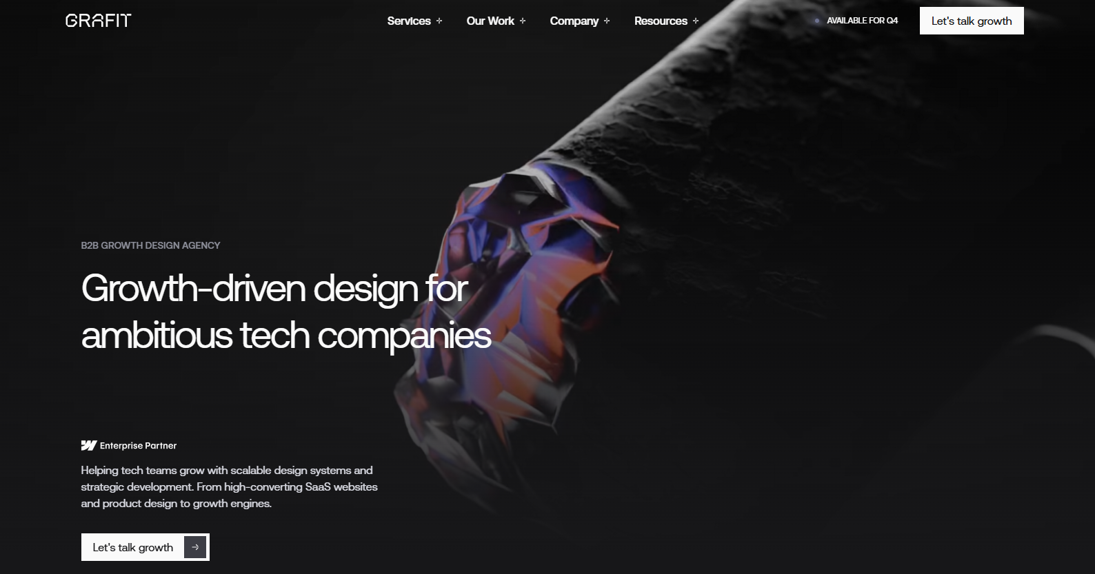 GRAFIT website homepage with dark design, headline "Growth-driven design for ambitious tech companies," and an abstract dark 3D graphic.