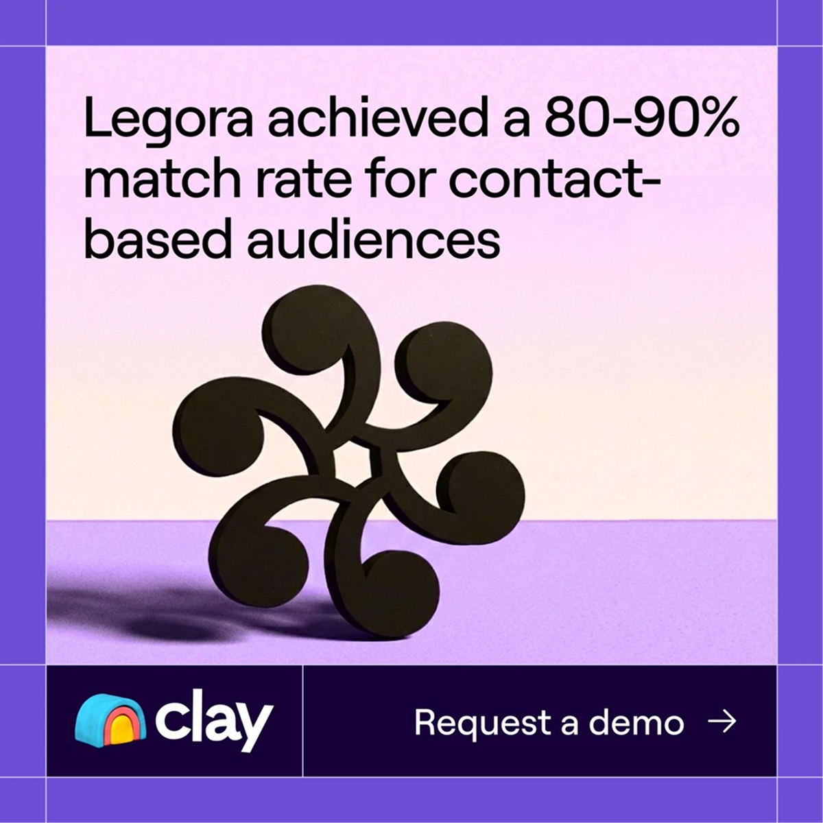 Clay ad: "80–90% match rate for contact-based audiences" with demo CTA