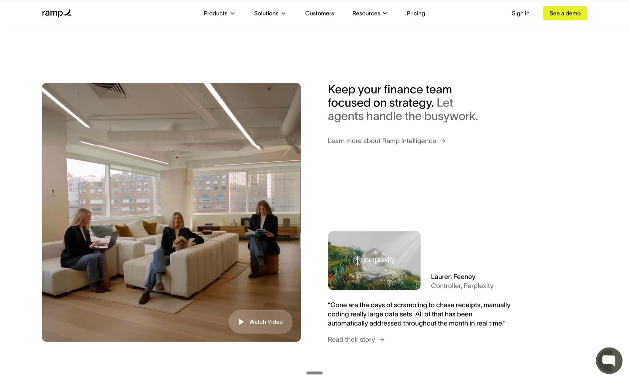 Ramp finance page with embedded video testimonial from Perplexity