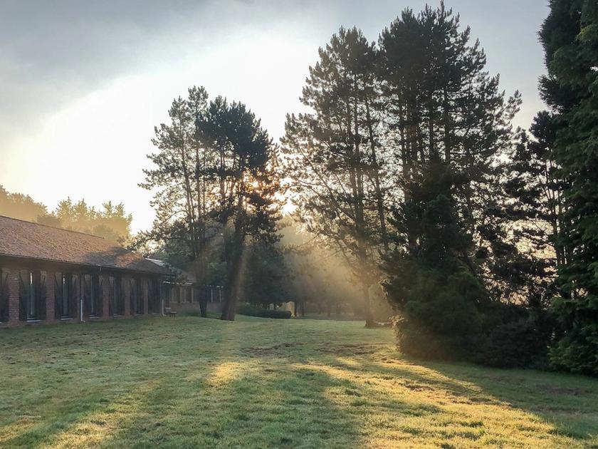 Zonsopgang boven het retraitecentrum in Brognon, met licht door de bomen over het gazon
