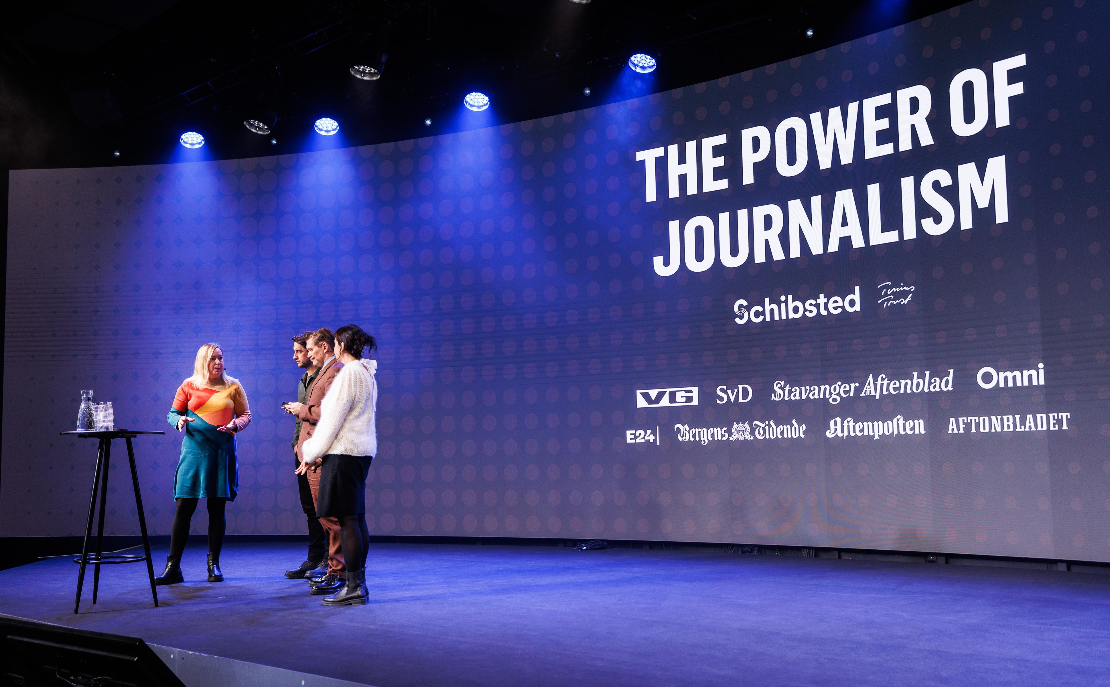 Picture of four people at a stage at the Power of Journalism Conference 2023, an event hosted by Schibsted and Tinius Trust