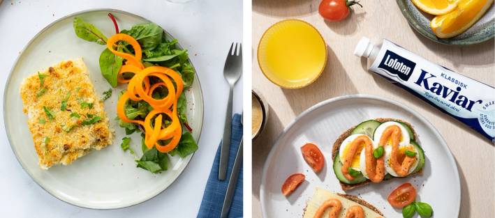 En tallerken med kornboller og salat med gulrotstrimler, samt en skål med sitron og en pakke med Lofoten kaviar på et bord.