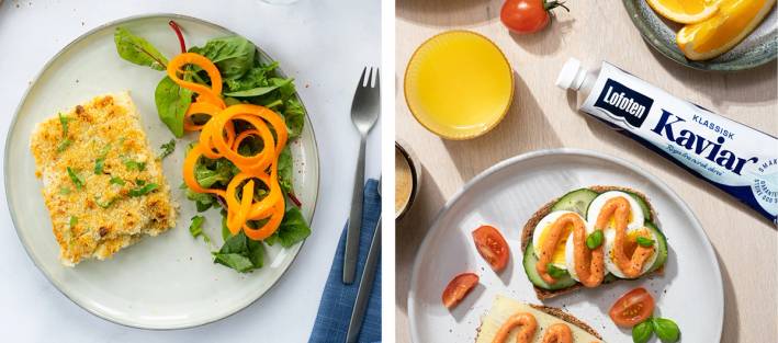 En tallerken med kornboller og salat med gulrotstrimler, samt en skål med sitron og en pakke med Lofoten kaviar på et bord.