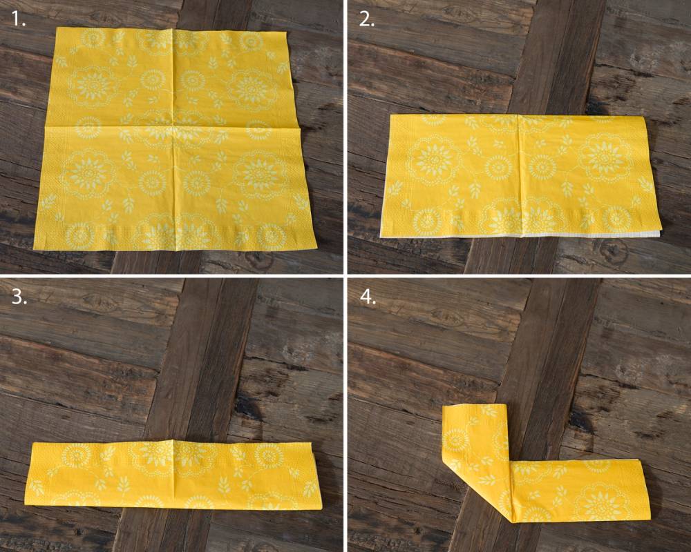 En gul påskeserviett brettes i et trinnvis steg for å lage en påskehare, med fire bilder som viser prosessen.