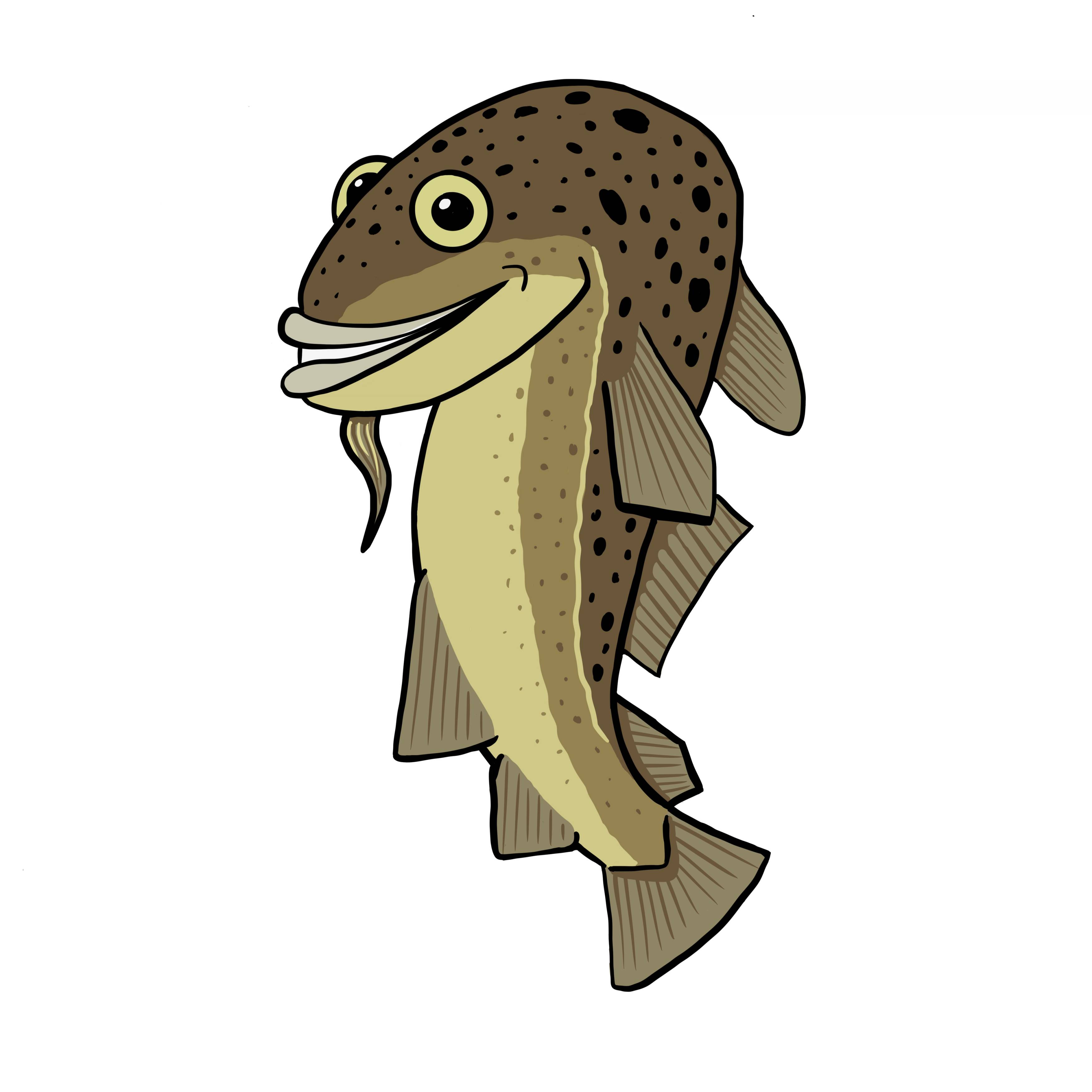 En tegneserieaktig tegning av en torsk med store øyne og et smil, kalt Tore Torsk