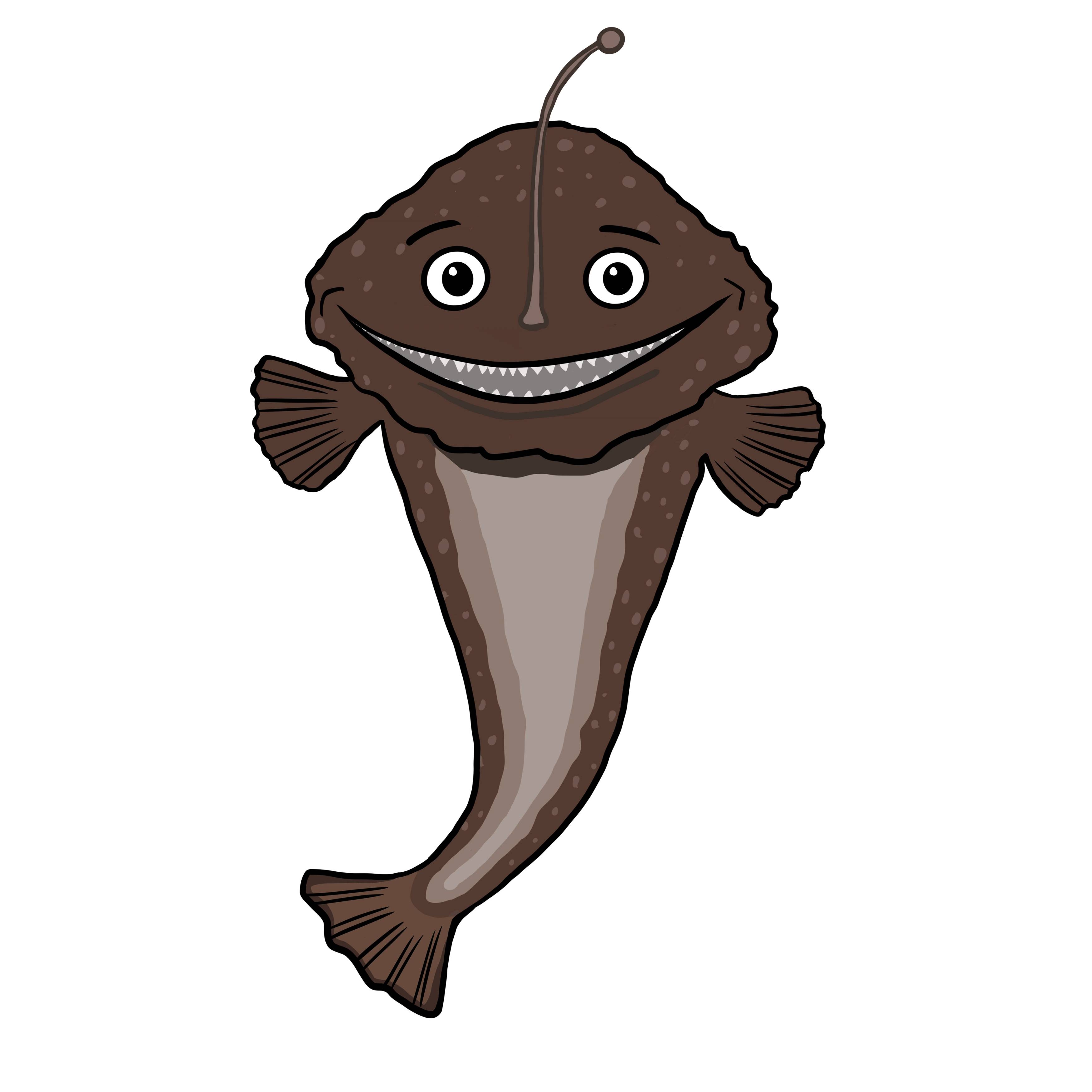 En tegneserieaktig brage med et smilende ansikt og en antenne på hodet, som ser ut som en breiflabb.