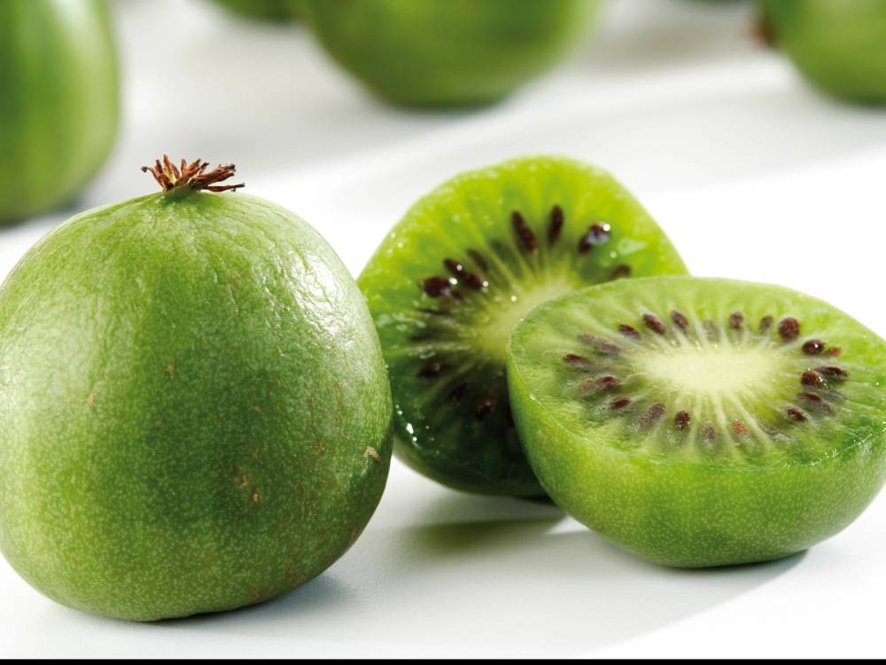 To hele og en halvspist kiwi med grønn frukt og svarte frø, plassert på en hvit bakgrunn.