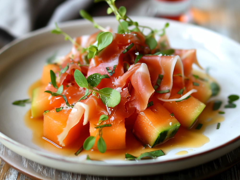 Skinke og melon på en tallerken med friske urter og dressing