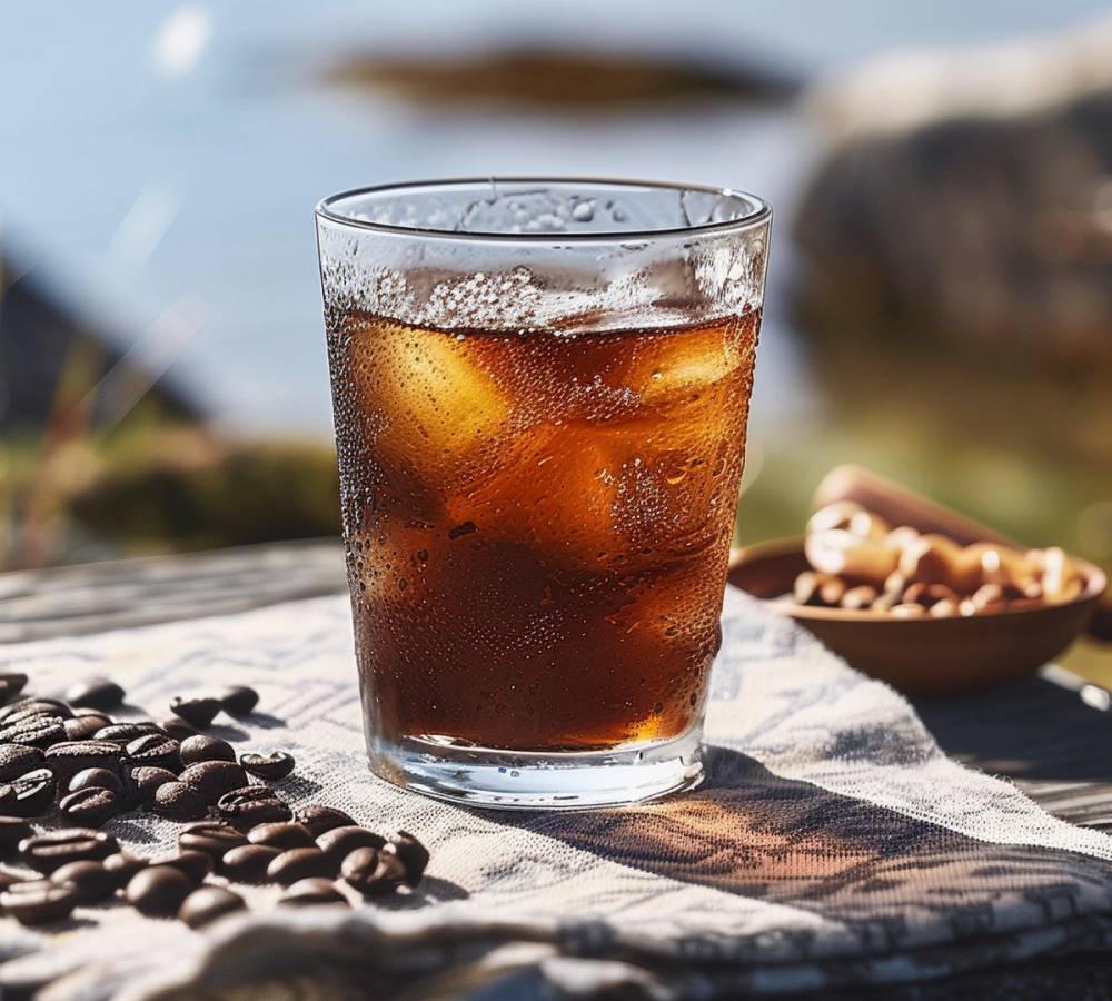 Kaldbrygget kaffe med is i et glass, plassert på et utendørsbord med kaffebønner og en liten skål med nøtter i bakgrunnen, på en sommerdag i Norge.