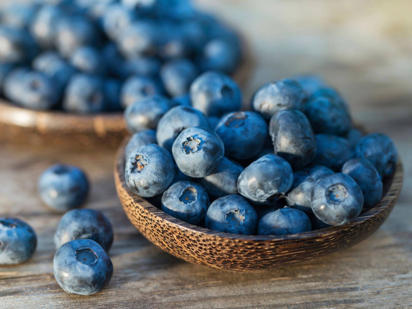 En skål med ferske blåbær på et treverk, med flere blåbær spredt rundt skålen.