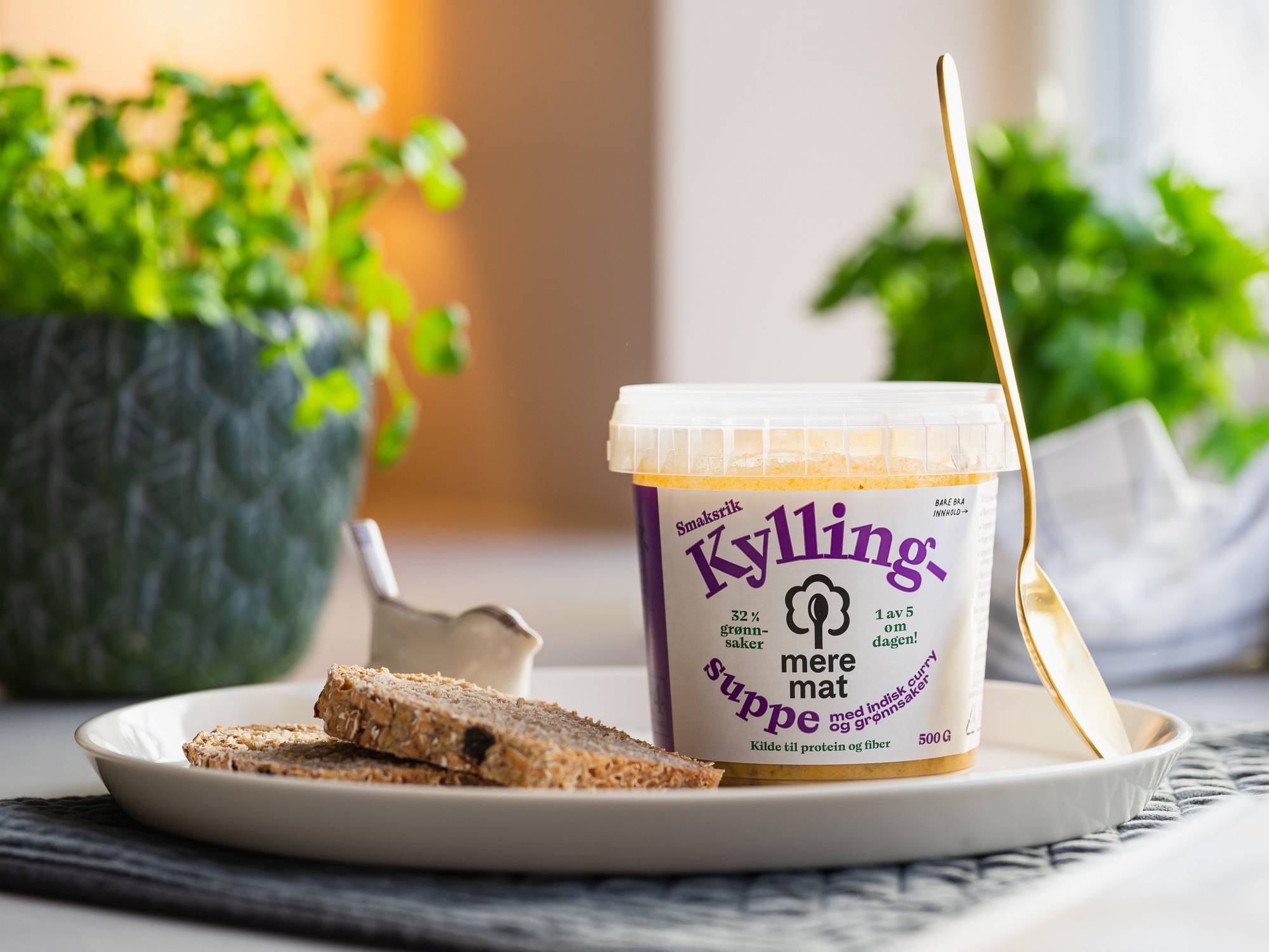 Kyllingsuppe i en kopp med en skje ved siden av på et fat, omgitt av grønne planter på et kjøkkenbord.