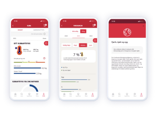 Skjermbilder av en klimainnsiktsapp som viser temperaturmålinger, klimadata og informasjon om klimaendringer.