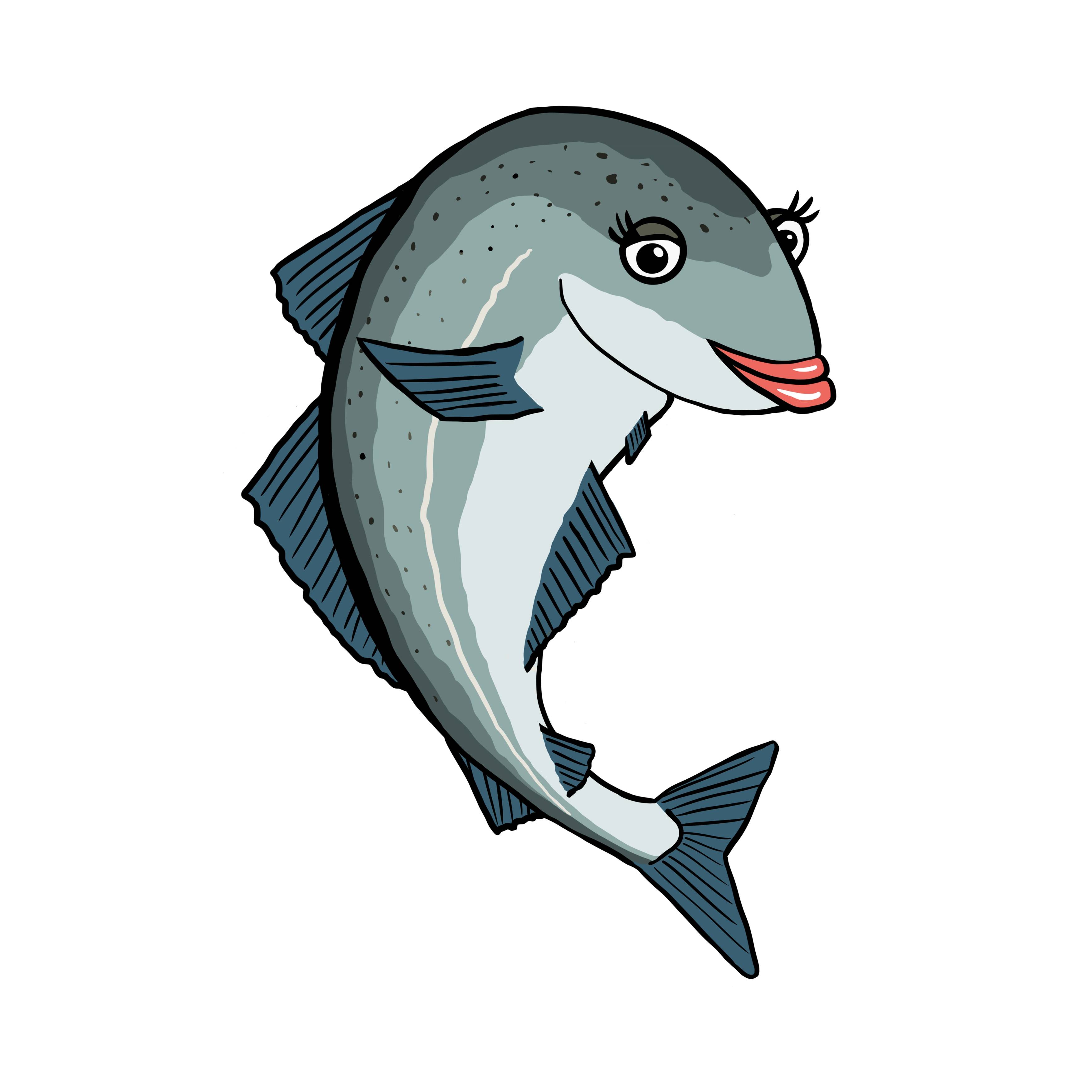 En tegneserieaktig fisk med smilende ansikt og store øyne, som svømmer oppover.