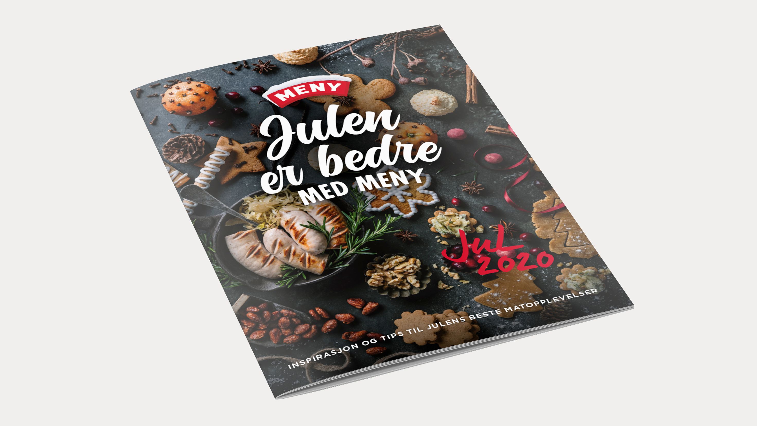 Forside av et julemagasin med bilder av julebakst og teksten 'Julen er bedre med meny'.