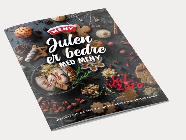 Forside av et julemagasin med bilder av julebakst og teksten 'Julen er bedre med meny'.