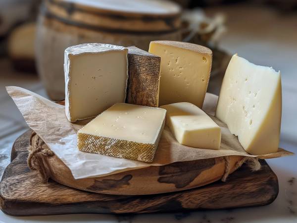 Ulike spanske og italienske oster på et trebrett med papir, klar til servering.
