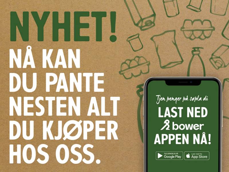 Reklame for MENY med nyhet om å kunne pante nesten alt ved å bruke appen, med bilder av panteautomater og en mobilskjerm som viser appen.