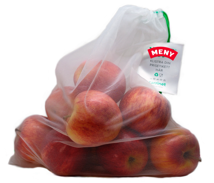 En gjennomsiktig plastpose med flere røde og gule epler inni.