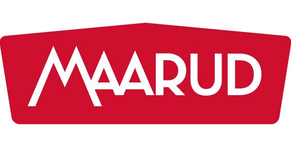 Logo for Maarud med hvit tekst på en rød bakgrunn.