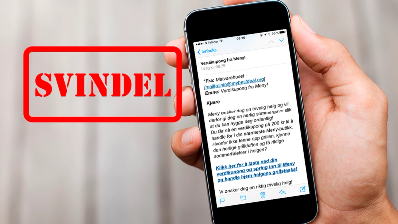 En person holder en smarttelefon med en e-postmelding som advarer mot svindel, og det er en stor rød tekstboks med ordet 'SVINDEL'.