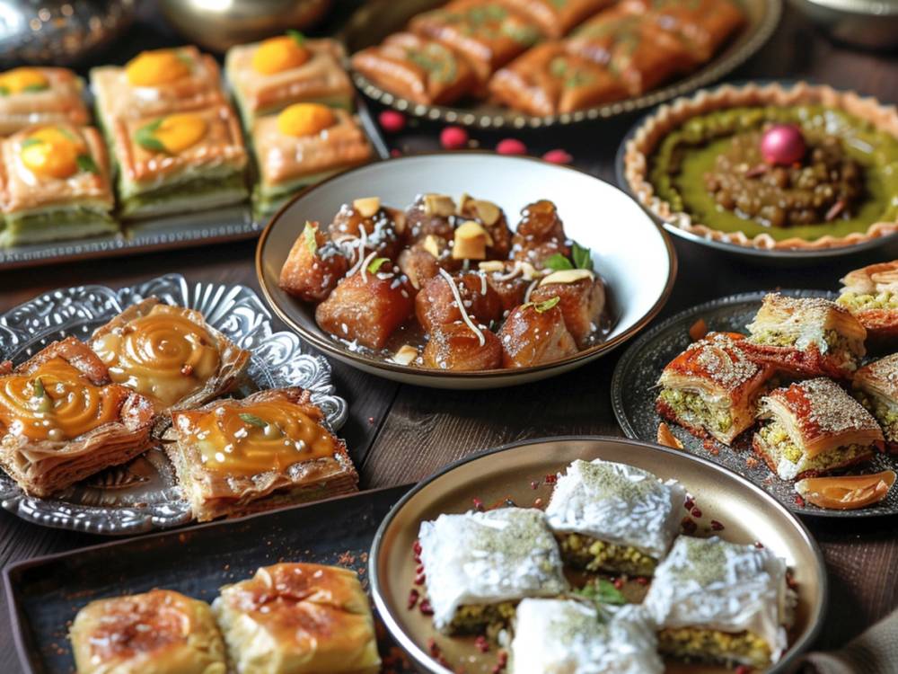 Et utvalg av norske desserter og kaker på forskjellige fat, inkludert frukt, kaker og småbakst.